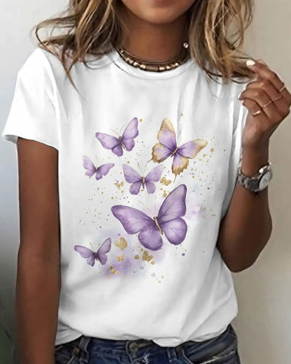 Women' Purple-Golden Butterfly Print T-Shirt  10-18